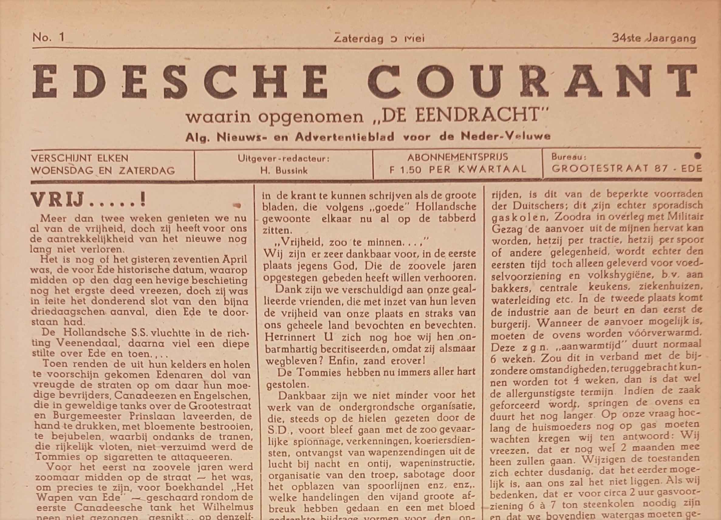 Edese Courant waarin opgenomen de Eendracht 5 mei 1945 uitsnede